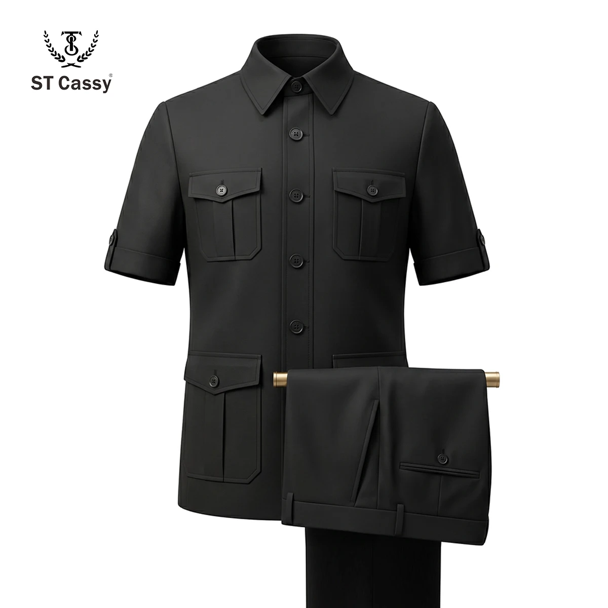 High Quality Summer Groom Dress Safari Man Suits Jacket + Pants Short Sleeve Slim Fit 2 Piece Set Male Clothing Costume Party