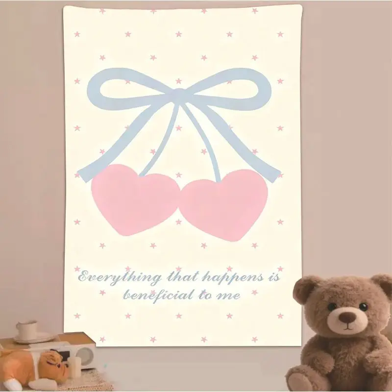VIKAMA Bow Checkerboard Tapestry Wavy Ribbon Wall Hanging Sweet Bedroom Living Room Aesthetic Decor Polyester Backdrop
