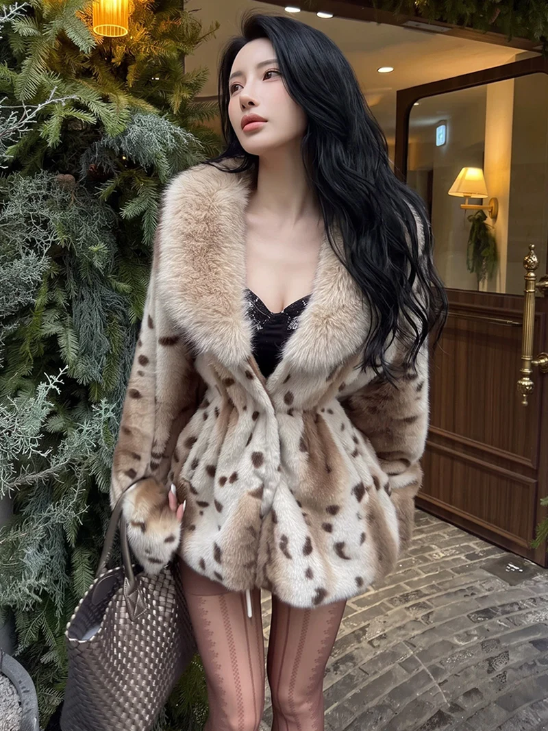 ZADORIN Luxury Mid Long Leopard Print Faux Mink Fur Coat Women Elegant Adjustable High Waist Thick Warm Fur Jacket Winter Coats