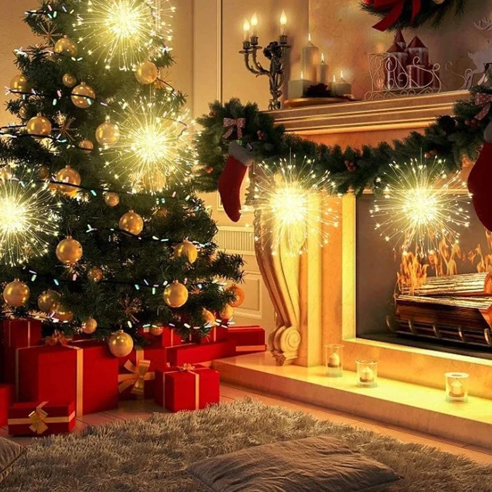 Luz de fuegos artificiales DIY, luces colgantes USB para árbol, luces de hadas, lámpara Starburst para jardín, guirnalda navideña, Festival