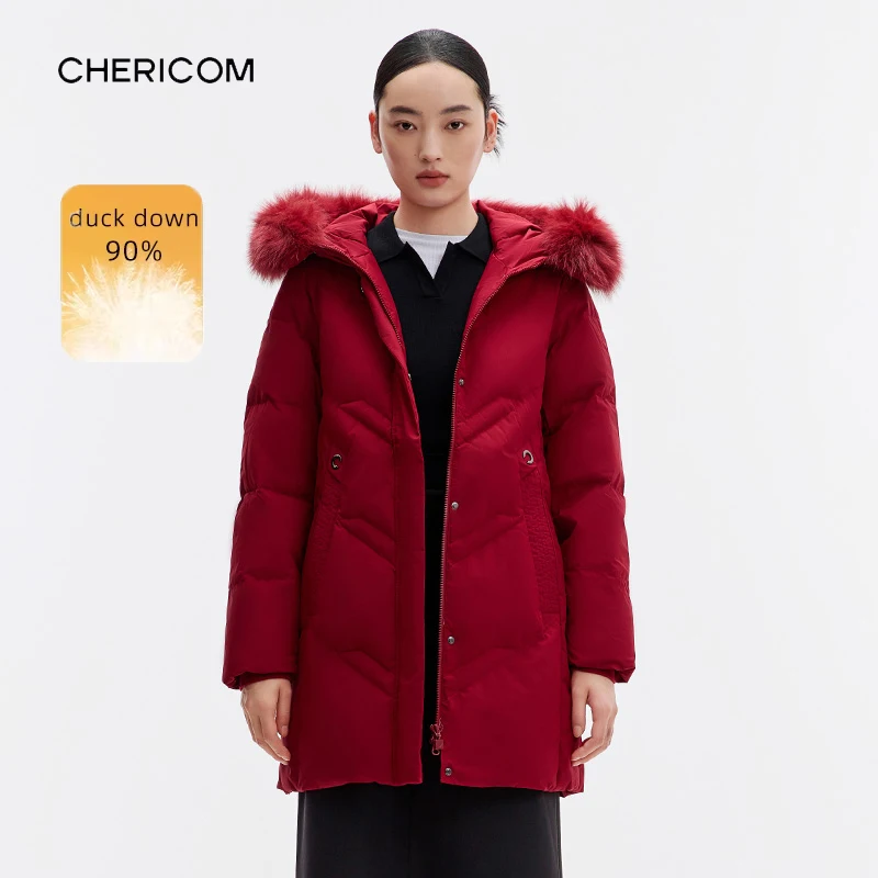 

Chericom Women's Winter Down Jacket Plush Fur-trimmed Hooded Mid-length Padded Jacket Lightweight Zipper Puffer Coats Y289312B