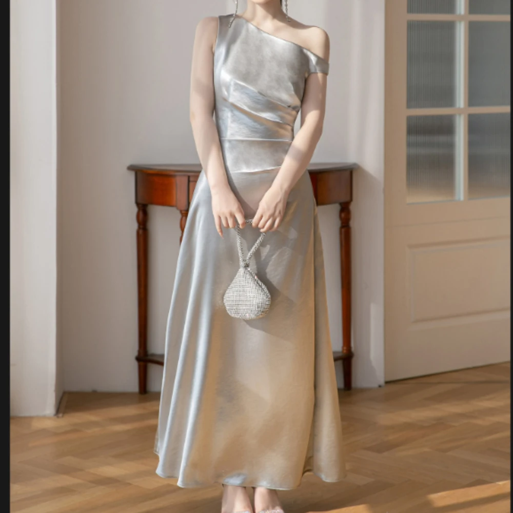 

Simple Style Satin A-line Anke Length Fashion One Shoulder Sleeveless Prom Dresses Customzied Women's Party Derss Evening Dress