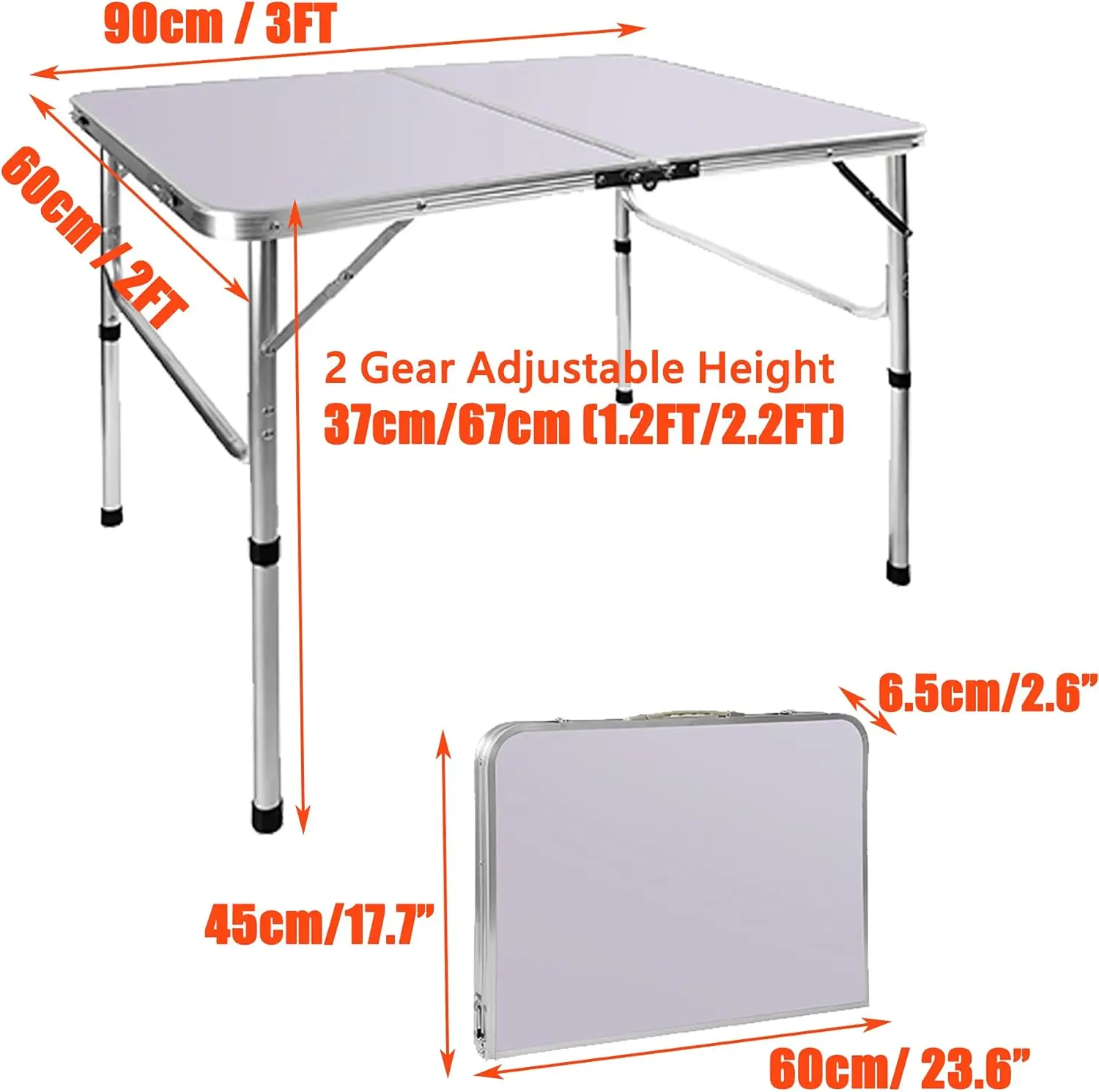 EFAN-mesas plegables de aluminio para pícnic, 3 pies, 90x60x37/67cm, altura ajustable, ligeras para campamento + asa de transporte
