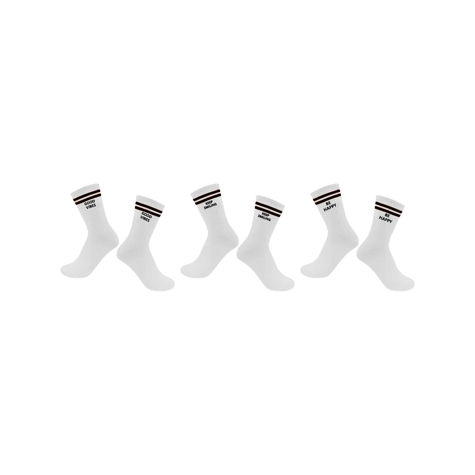 Sports cotton socks, mid-calf, fashionable and versatile tennis socks, three combinations in white (1 pair each of GOOD/KEEP/BE)