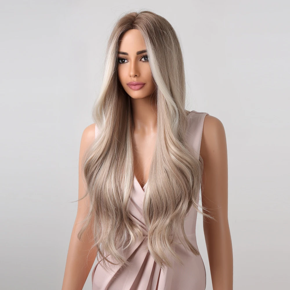 Platinum Blonde with White Highlight Dark Roots Synthetic Hair Wigs Long Wavy Cosplay Wig Heat Resistant