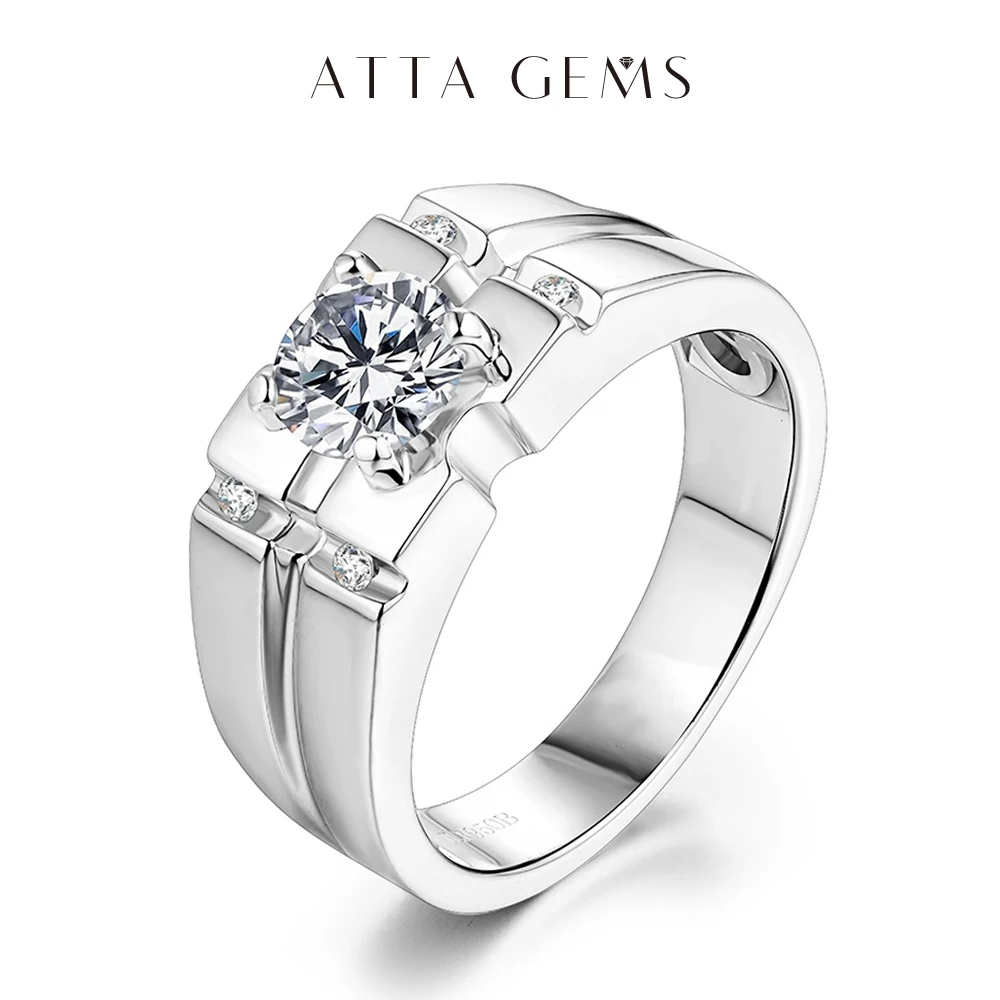 Attagems 925 Sterling Silver Moissanite Ring For Men Wedding 1.0ct Round Moissanite Center Channel Sides Men's Diamond Rings