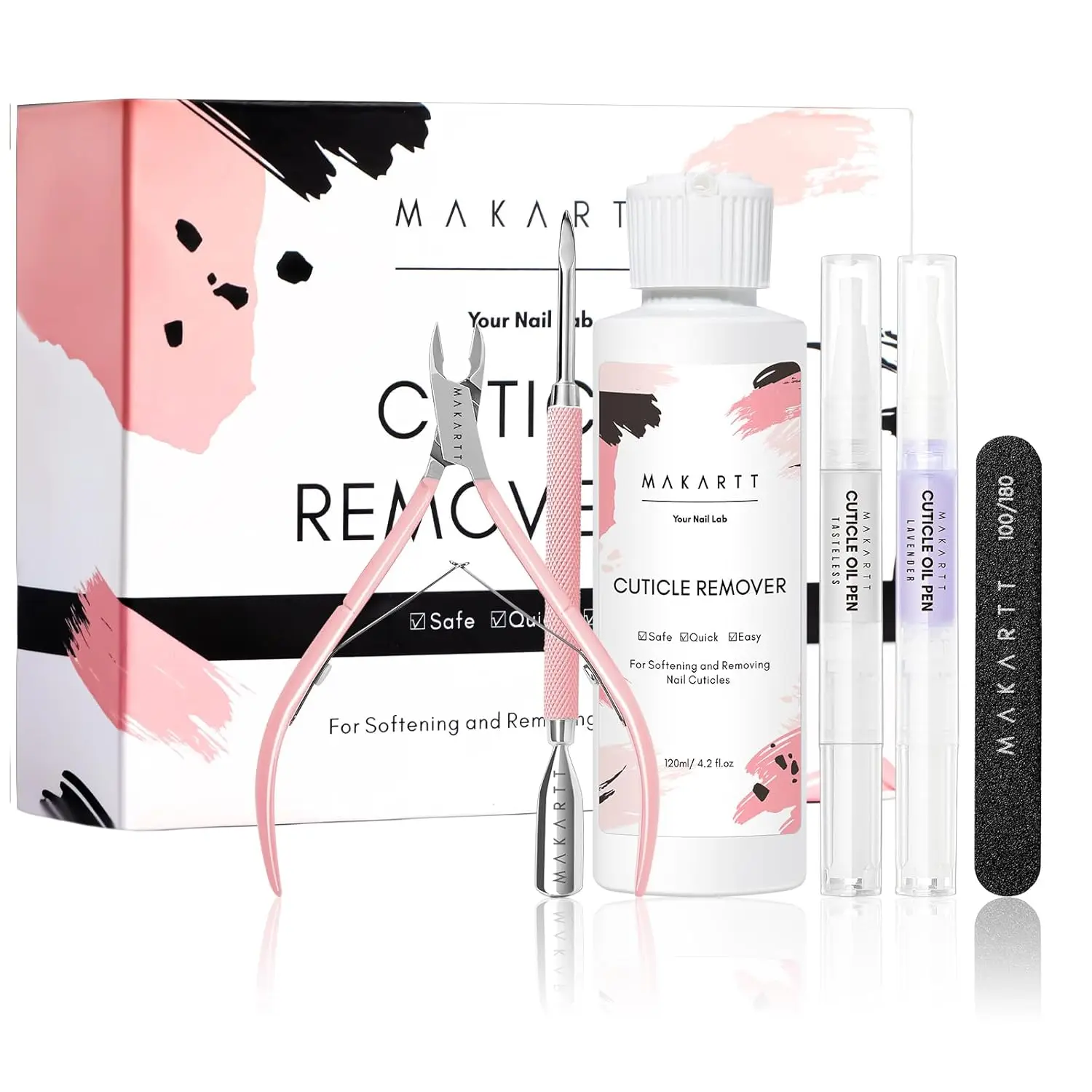 

Makartt Cuticle Remover Kit, Manicure Nail Care with Cuticle Oil Pen, Cuticle Trimmer, Nail File & 120ml Cuticle Remover Liquid