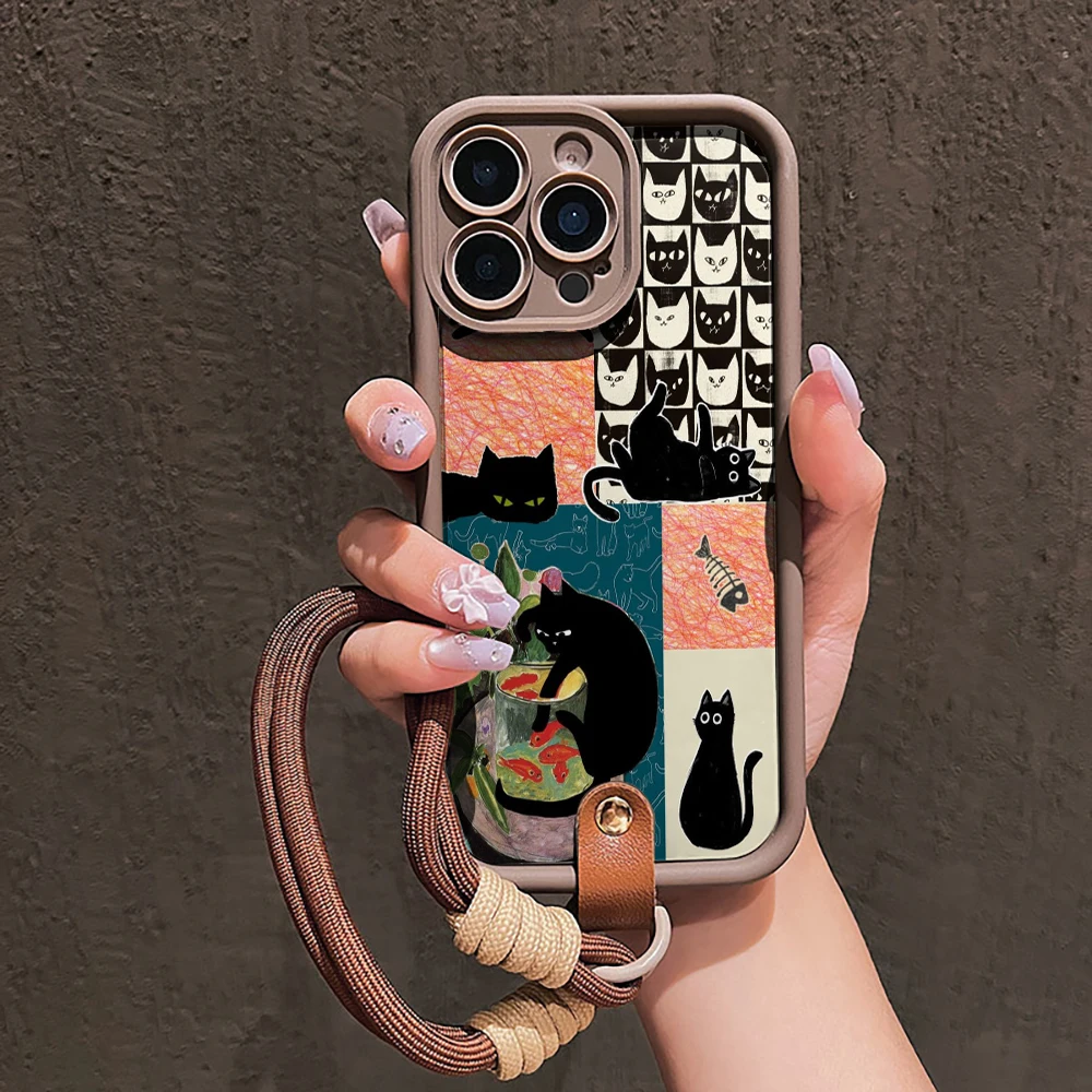 Modische Katzen-Collage-Silikon-Handyhülle für iPhone 16 17 Pro 15 14 13 12 11 Pro Max 16E 7 8 Plus XR XS mit Lanyard-Hülle – Detail 9