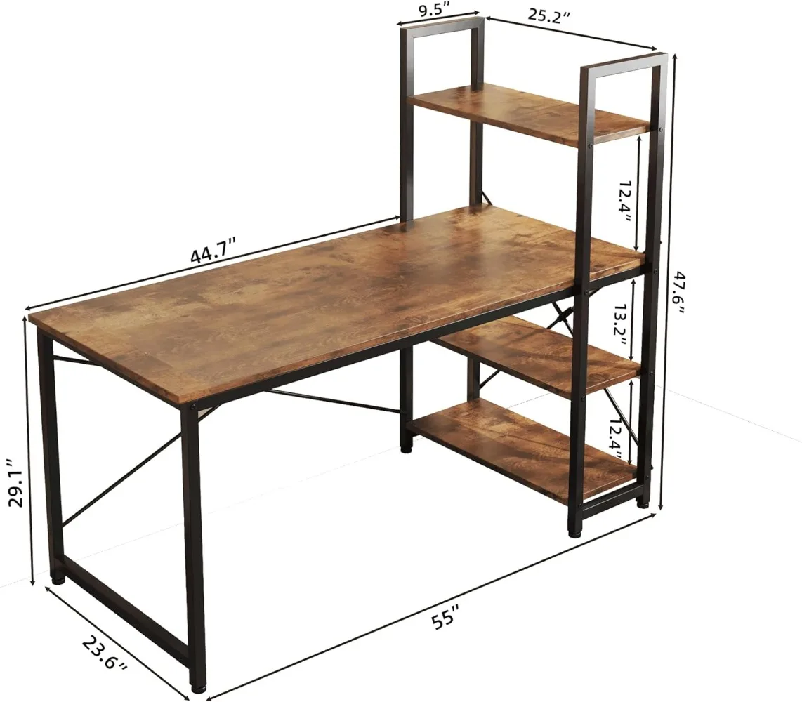 Imagem -03 - Mesa do Computador com Prateleiras de Armazenamento Mesa de Estudo para Escritório Doméstico Fácil Montagem Estilo Industrial Marrom Rústico 55