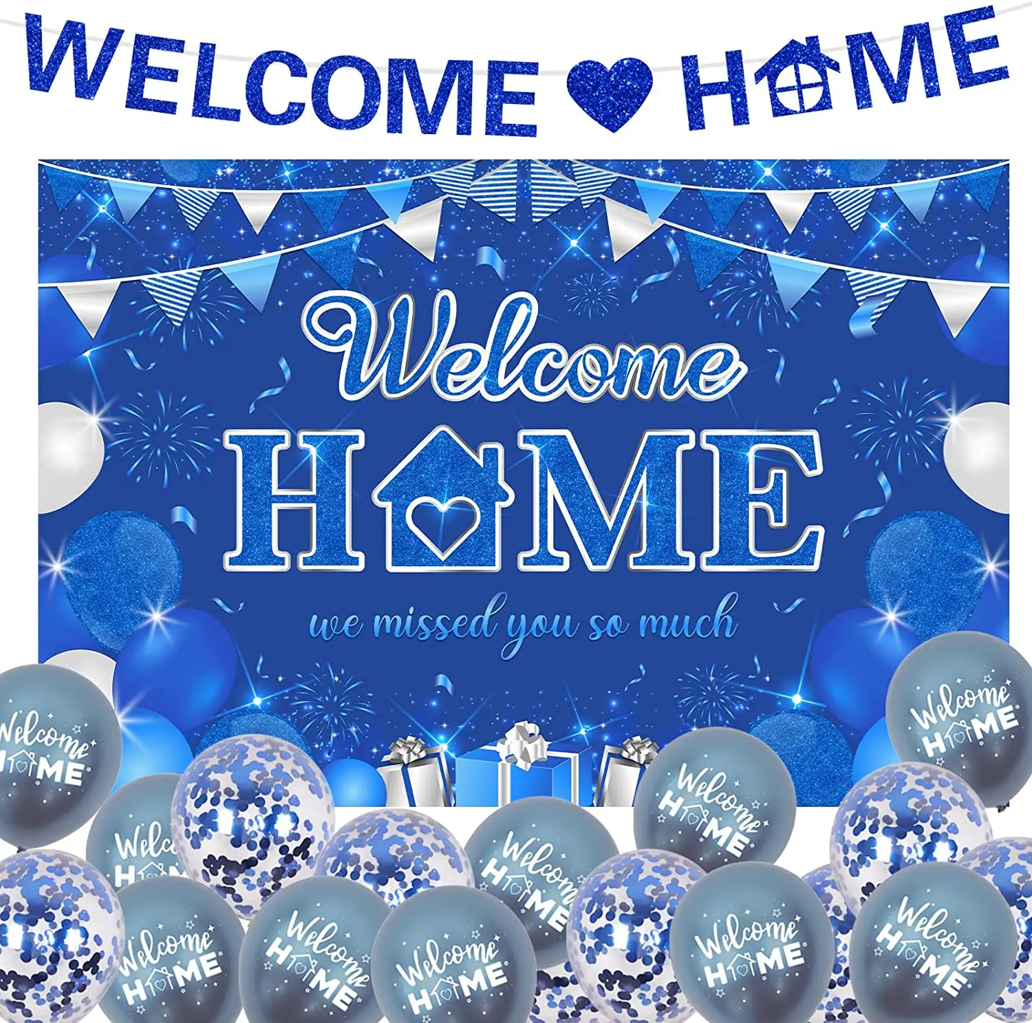 Blue Glitter Banner Backdrop Confetti Balloons, Welcome Home Decoration, Baby Boy Return, Party Supplies