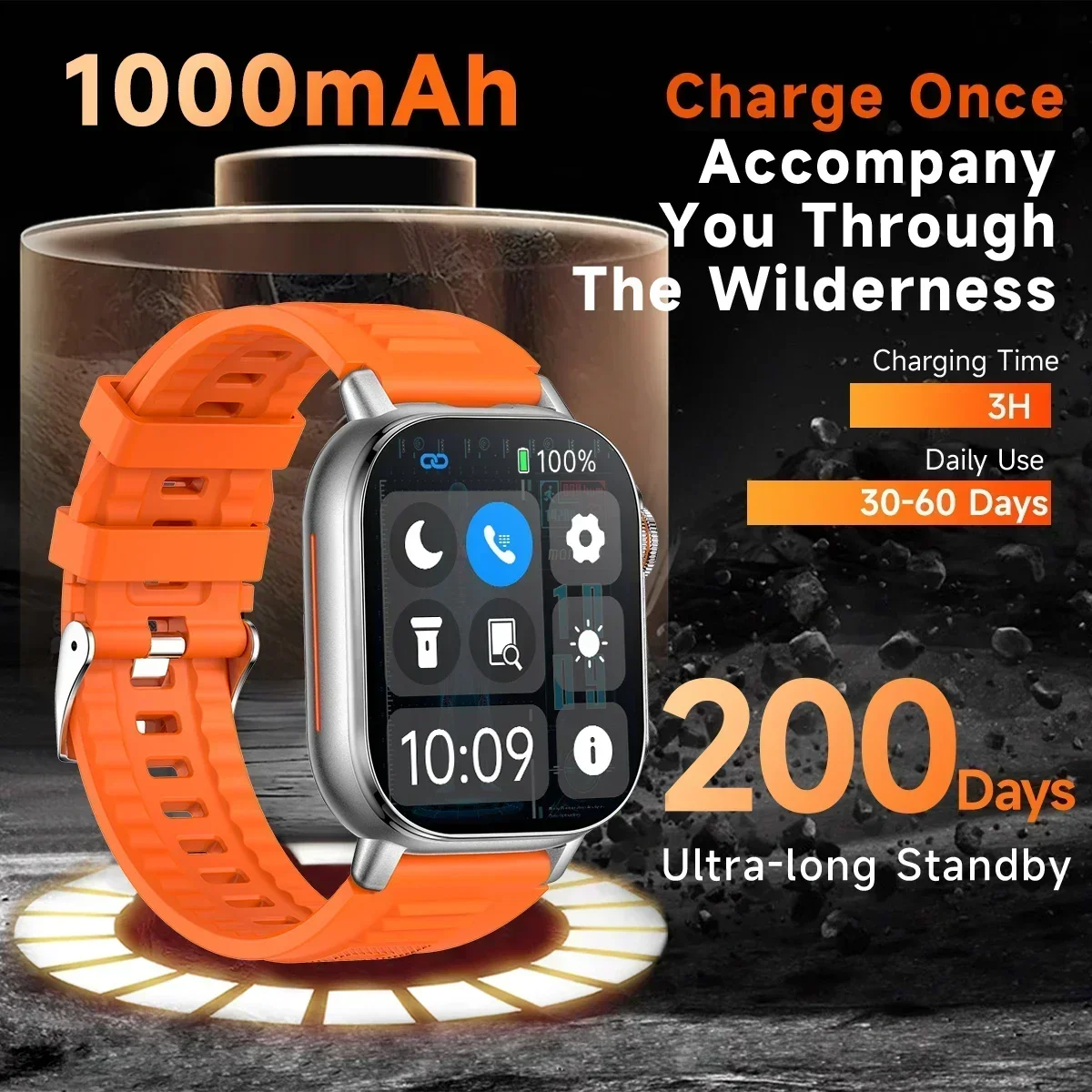 KPEP 1000mAh ساعة ذكية الرجال مصباح يدوي البوصلة مقاوم للماء 1000mAh بطارية كبيرة بلوتوث دعوة مراقب معدل ضربات القلب Smartwatch