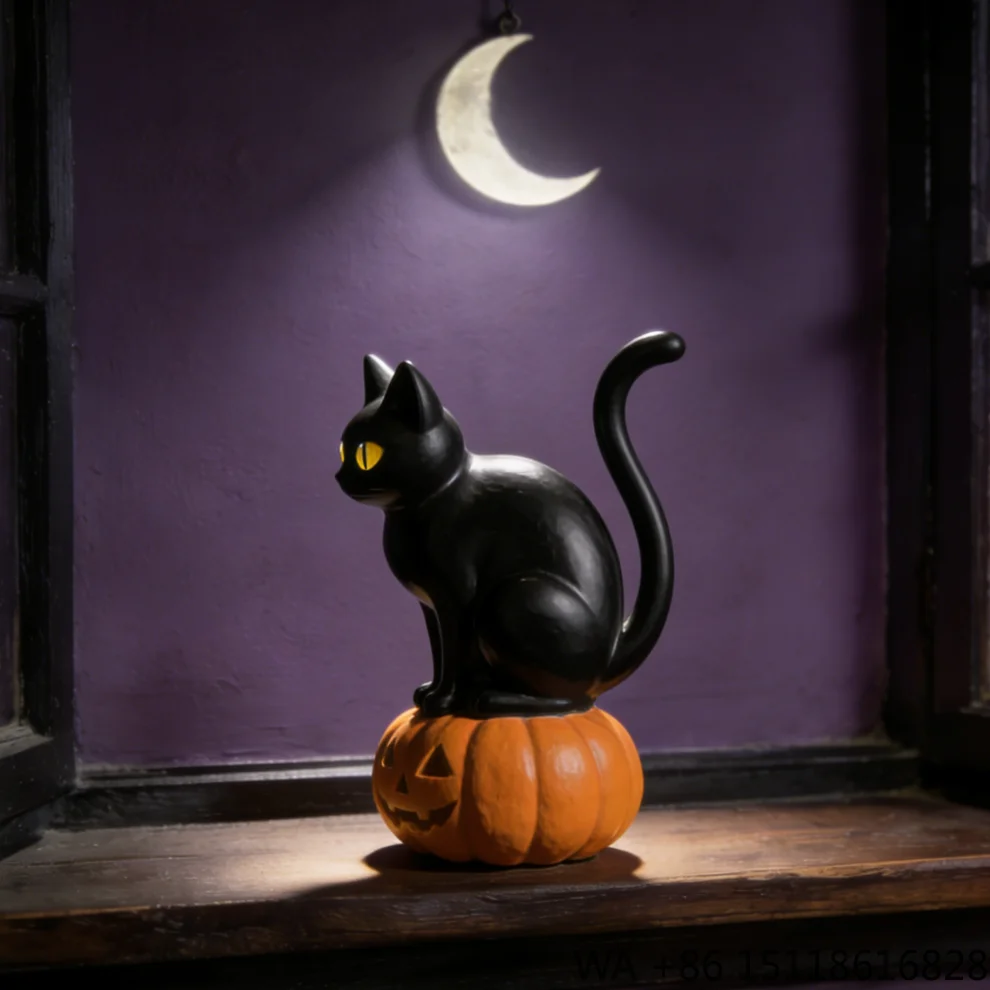 BZY Customizable-sized Black Cat on a Pumpkin Sculptures Outdoor or Desktop Versions for Halloween Decor Resin Statues