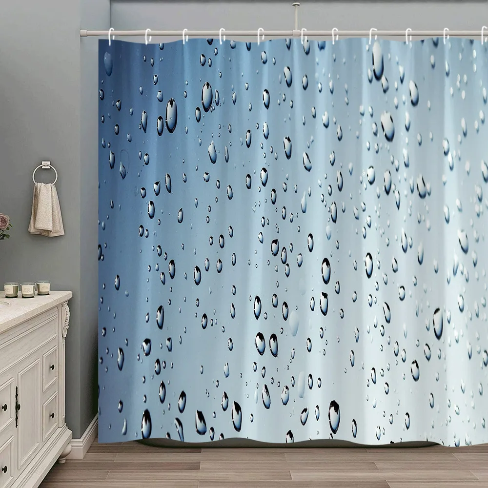 Raindrops Bubble Shower Curtain Water Drop Blue Color Background Bathroom Decor Modern Creative Waterproof Fabric Curtains Set