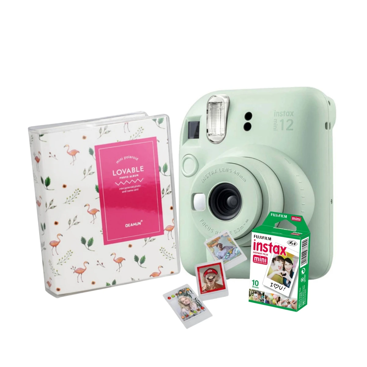 Instax Mini 12 Green Camera with Flamingos Album for 64 Photos and Movie 10 Poses