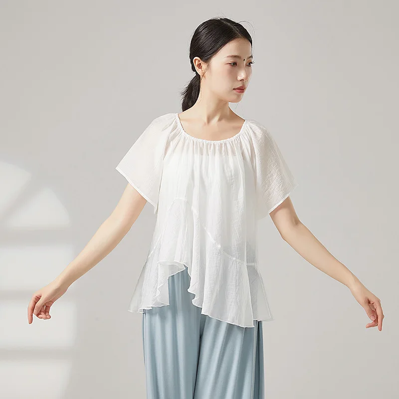 

Adult O Neck Ruffled Asymmetric Hem Belly Dance Short Sleeve Smock Blouse Top Costume for Women Dancing Wear Clothes Clothing