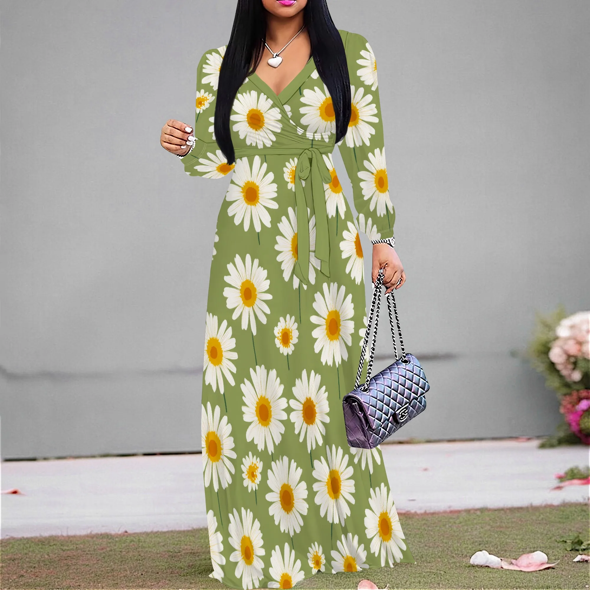 

Nupusa Daisy Print Dress for Women Regular Size Summer Casual V Neck Long Sleeve Maxi Dress