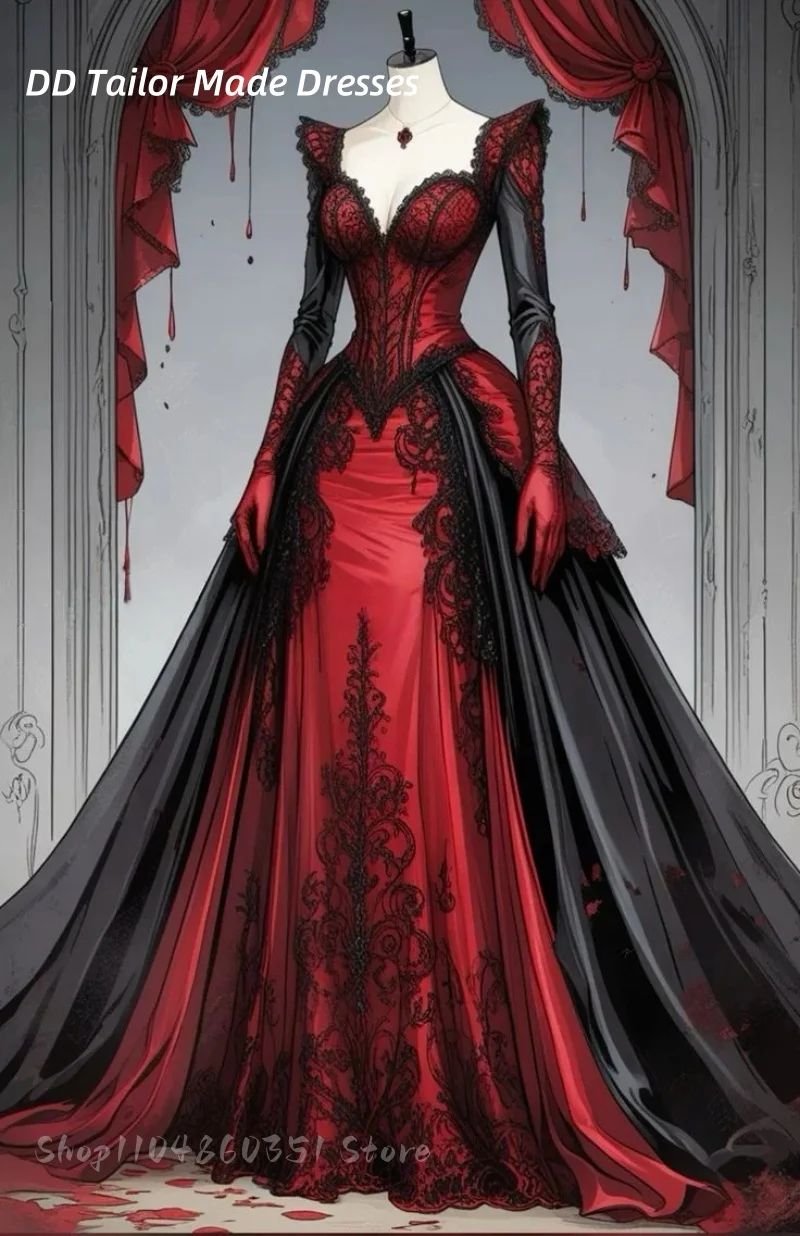 풀 슬리브 뱀파이어 고딕 웨딩 드레스 레이스 아플리케 a 라인 긴 빈티지 빅토리아 코르셋 신부 가운 맞춤형