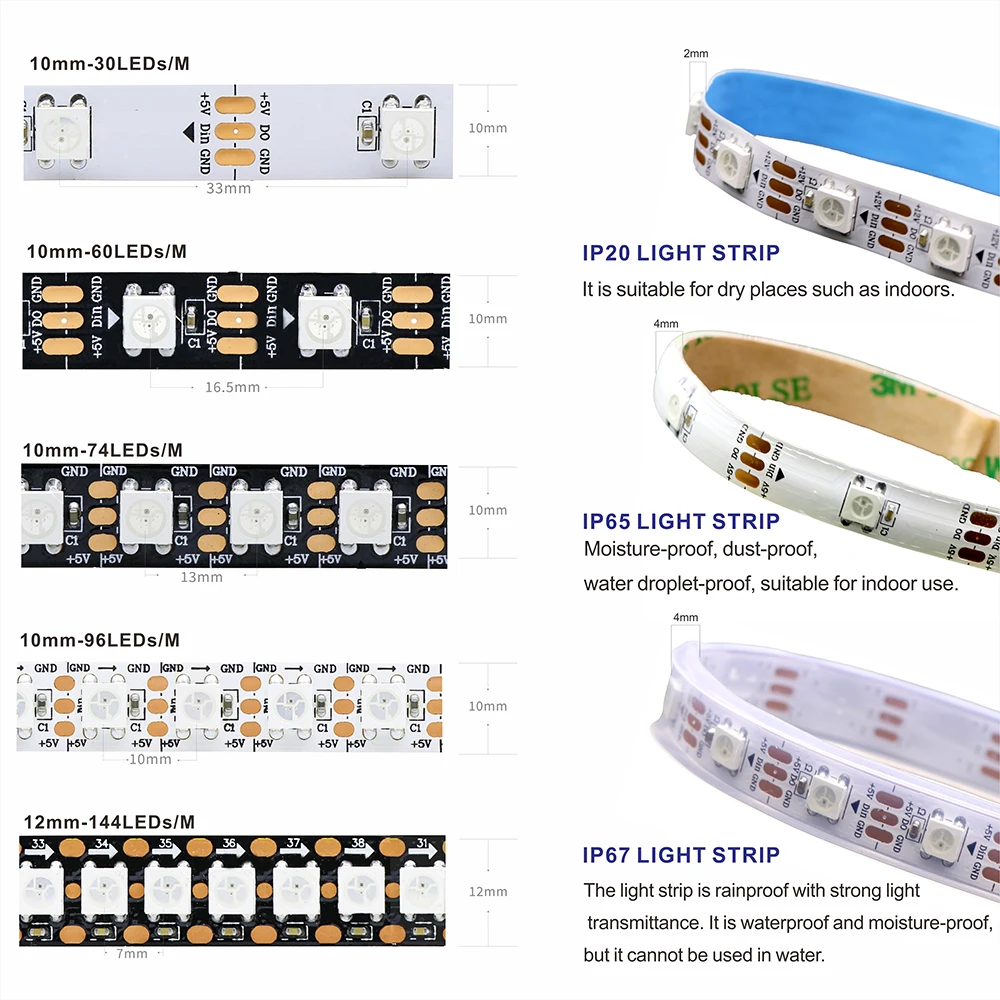WS2811, WS2812, WS2813, WS2815 DC 5V/12V color-changing addressable and programmable LED light strips for colorful lighting