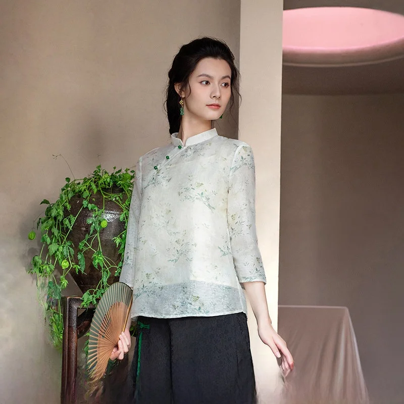 

New Autumn Print Slimming Women's irt Set Traditional Chinese Sle Stand Collar Regular Sve Length Polyester Nylon Blend