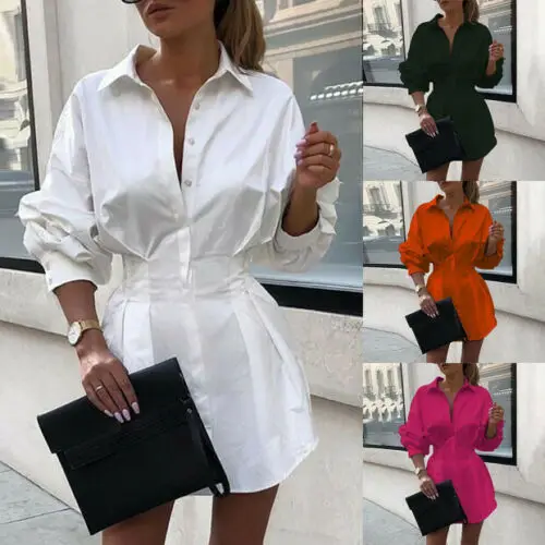 Dress Women Summer New Pure Color Lady Turn Down Collar Shirt Waist Button Decoration Mini Dresses Casual Vestidos ZXP1550