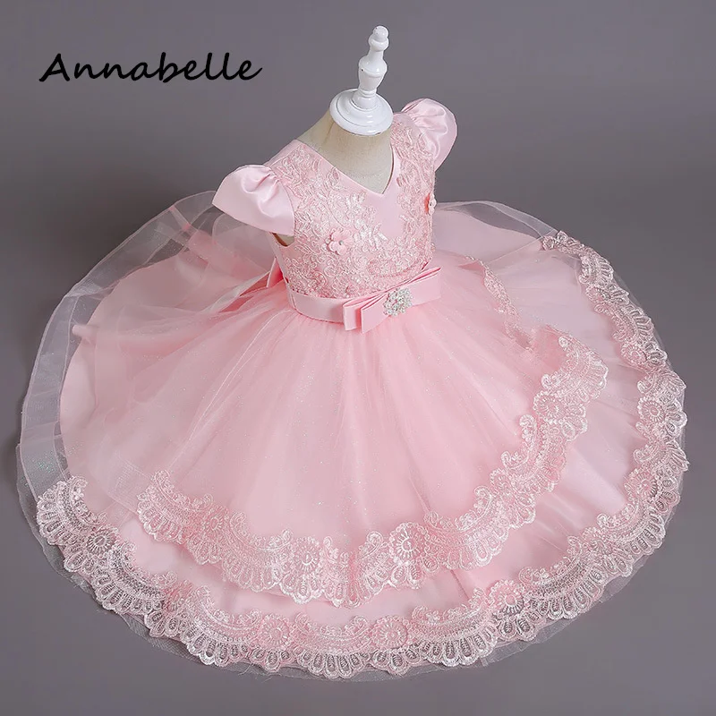 Annabelle Flower Girl Princess Dress Baby Girl Bow cerimonia compleanno rosa girocollo per abito da damigella d'onore festa di nozze