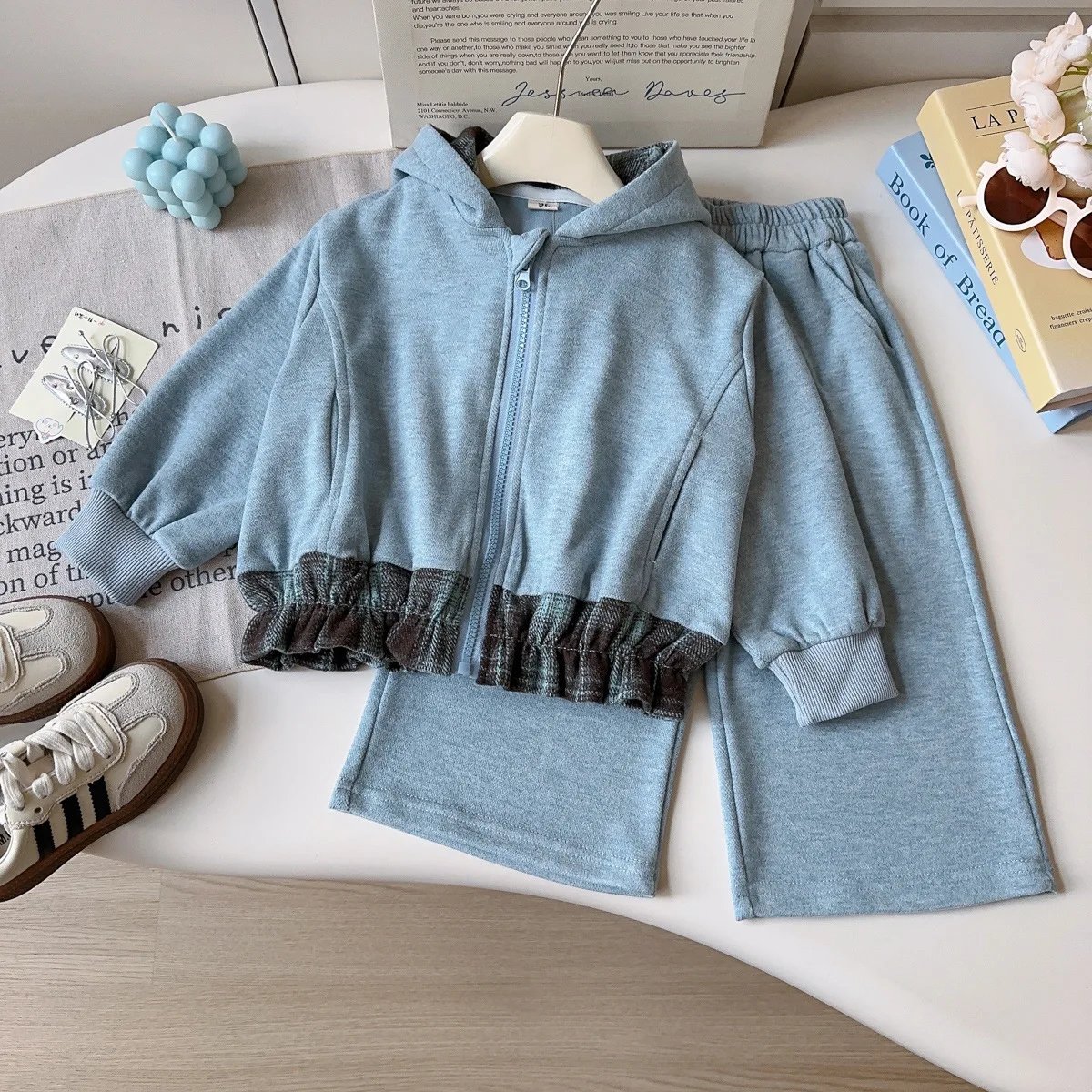 

YBFSKID Spring Children Girl 2PCS Clothes Set Cotton Zipper Plaid Hem Kids Girls Hooded Jackets Suits Loose Blue Baby Girl Pants