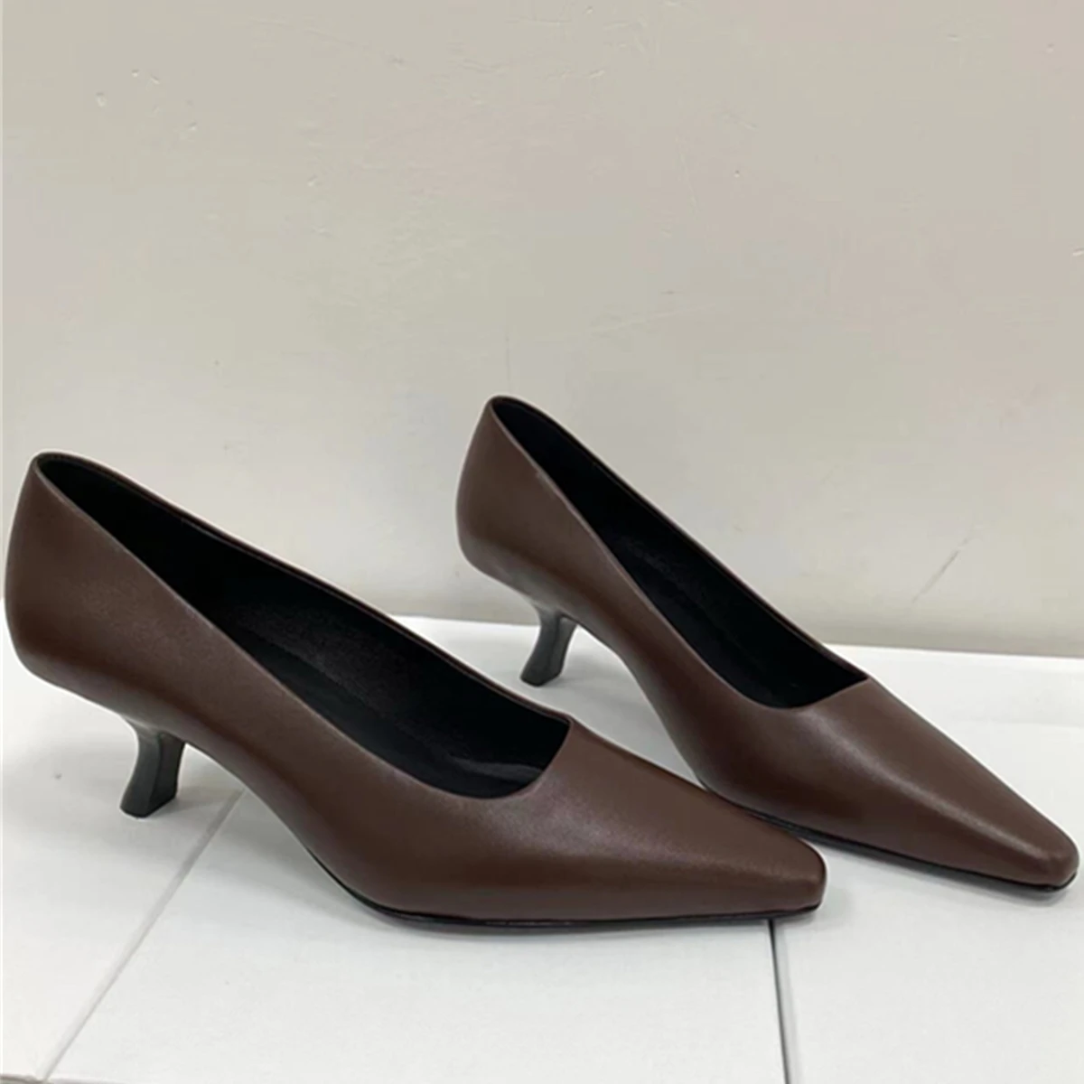

Jenny&Dave Vintage Fashion Genuine Leather Heel Shoes Women Nordic minimalist Italian Cowhide 6cm Stiletto Slip On Shoes
