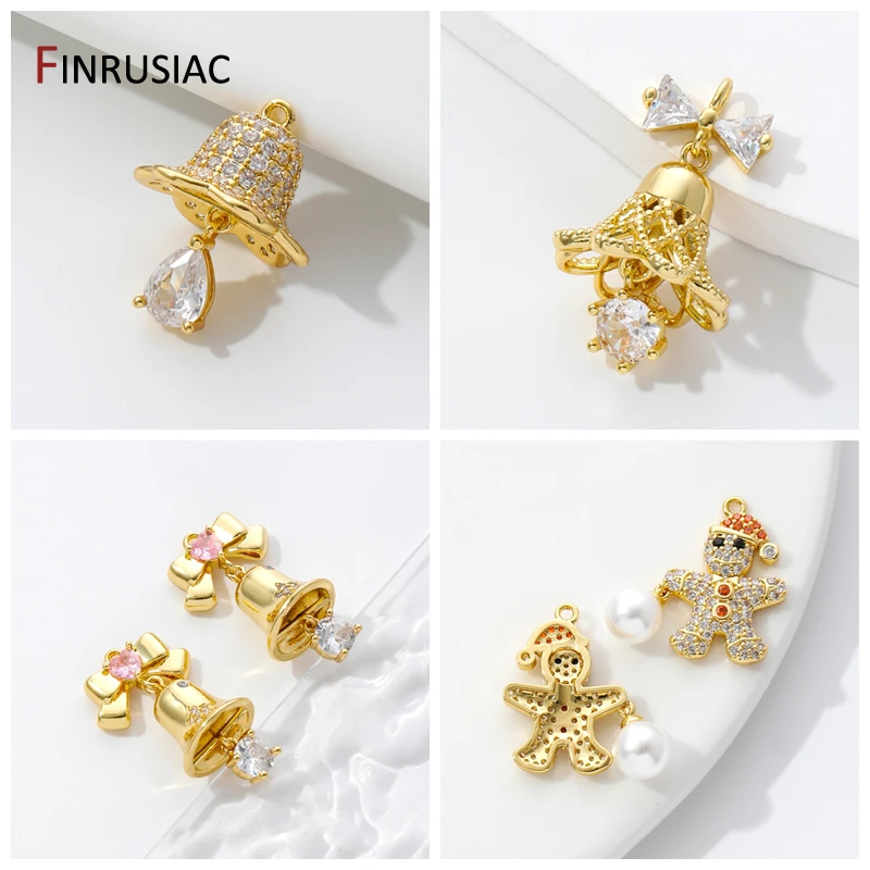 18K Gold Brass Inlaid Zircon Christmas Charms Bell Gingerbread Man Pendants For DIY Jewelry Making Crafts Accessories