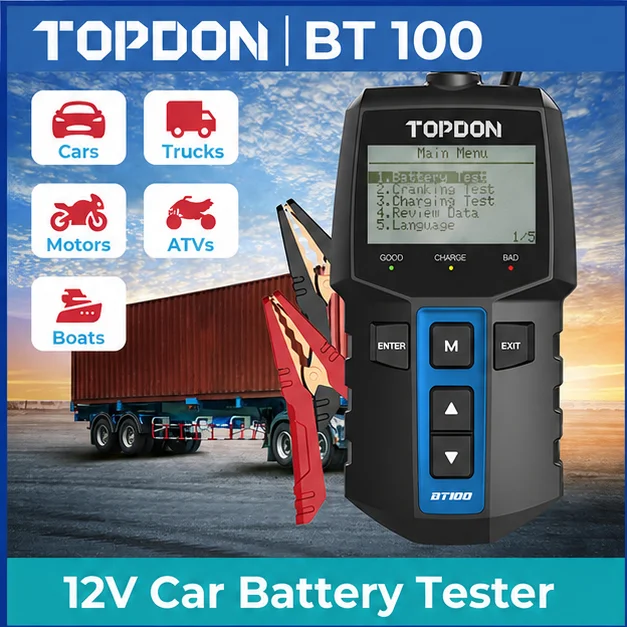 TOPDON BT100 Batterietester 12V Auto Digitaler Kfz-Diagnose-Batterietester Analysator Fahrzeug-Start- und Ladeprüfgerät
