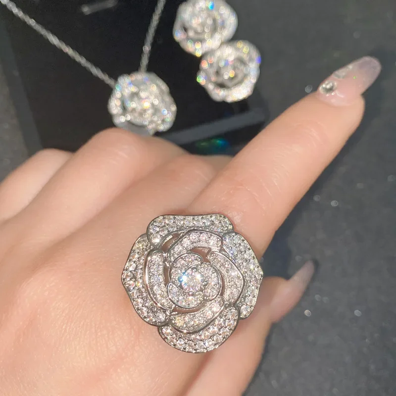 

MDLFES Moissanite style Sterling silver s925 Camellia full of zirconia ring micro-set European and American earrings necklace