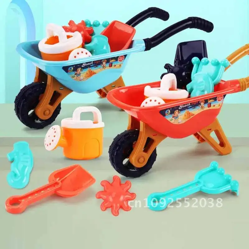 Summer Outdoors Children's Large Beach Toys Seaside Hand Pushcart Of Water 6Pcs Digging Toys Set House Sand Sets Cartoon