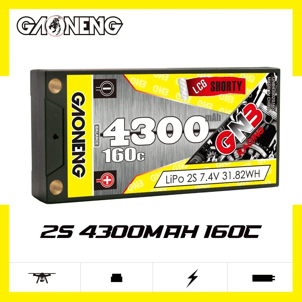 GAONENG GNB 4300mAh HV 2S 160C 320C 7.4V 薄型ショーティーパックシースルー 5mm 内蔵弾丸ハードケース LiPo バッテリー 1/10 1/12 1:10