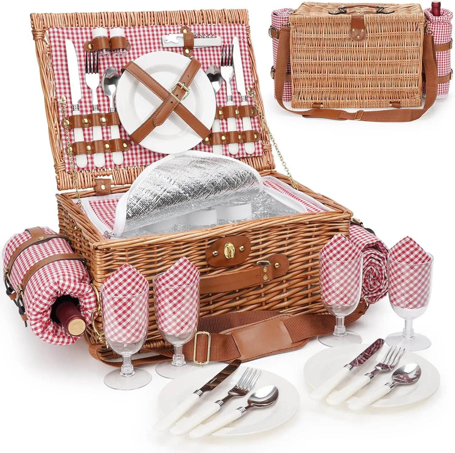 

Picnic Basket for 4, Insulated Willow Baskets with Shoulder Strap, Hamper with Waterproof Blanket