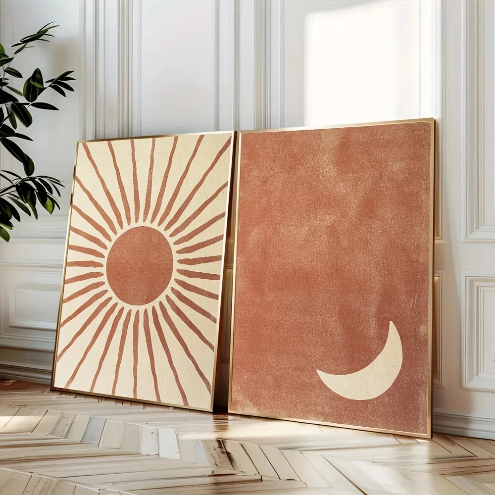 2pcs frameless Canvas Painting 2pcs/set Boho Moon Sun Canvas Print Poster Modern Minimalist Abstract Art Prints Bedroom Wall Art