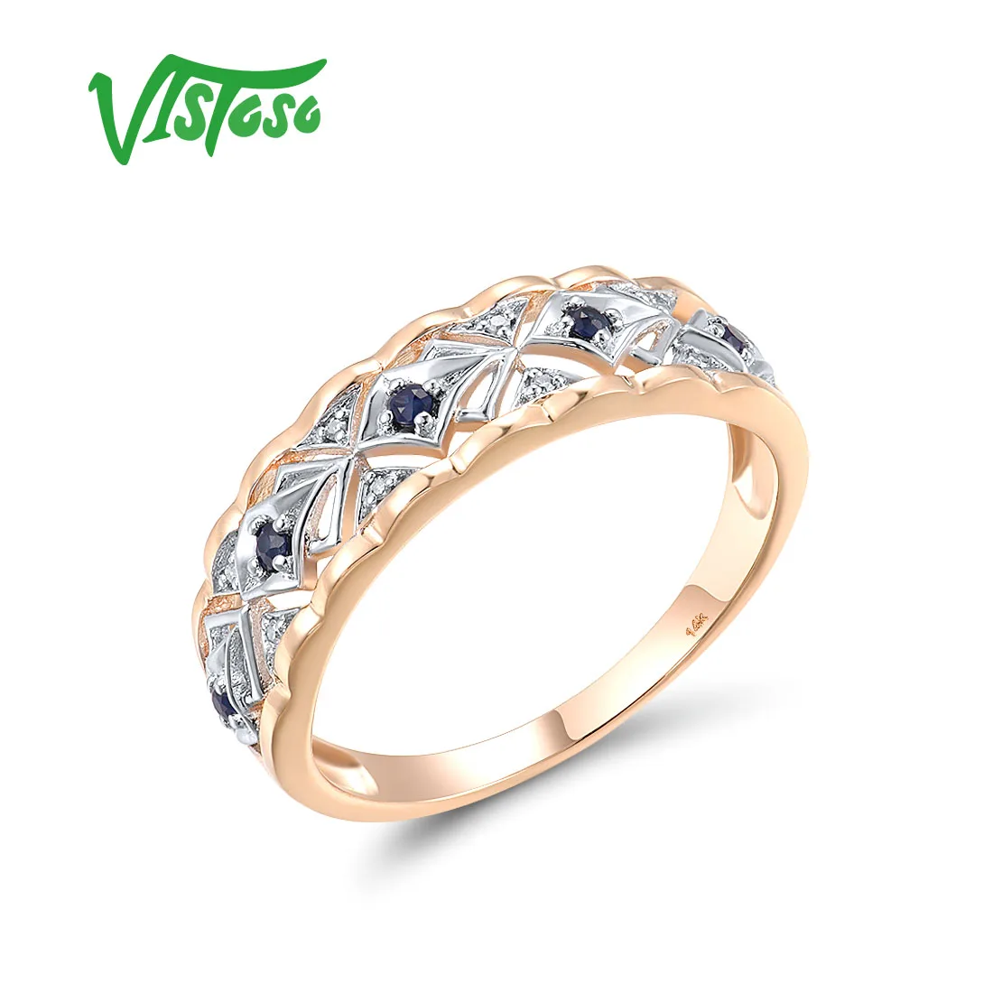 

VISTOSO Pure 14K 585 Rose White Gold Ring For Women Sparkling Diamond Sapphire Classic Delicate Party Gifts Fashion Fine Jewelry