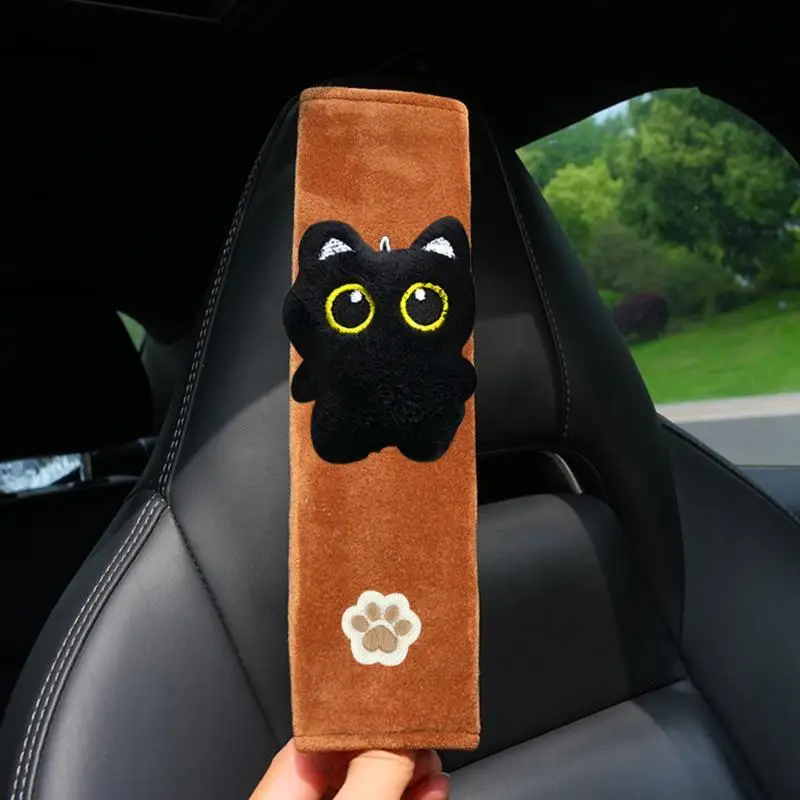 Universal Plush Cat Pattern Car Seatbelt Shoulder Pad Soft Black Cushion Comfort Accessory For Long Distance Driving