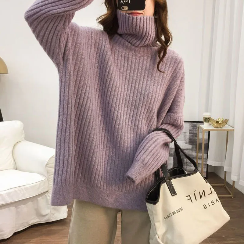 2023 Autumn and Winter Women\'s New High Neck Loose Knitted Sweater Thickened Solid Color Comfortable Versatile Pullover Top