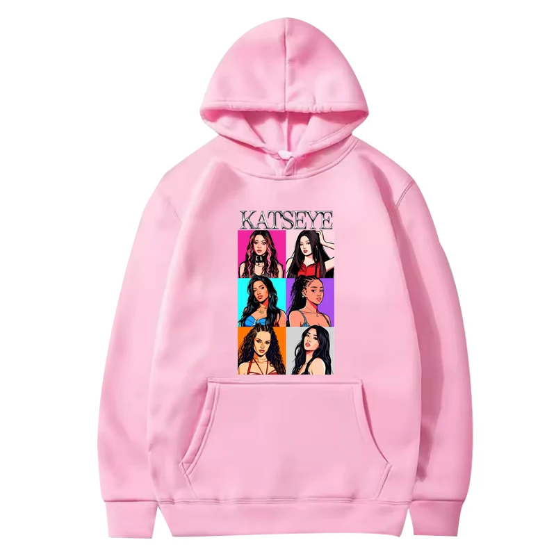 سويت شيرت كلاسيكي بقلنسوة للرجال والنساء من Katseye عتيق بأكمام طويلة مع رسومات مطبوعة بقلنسوة كبيرة الحجم للجنسين