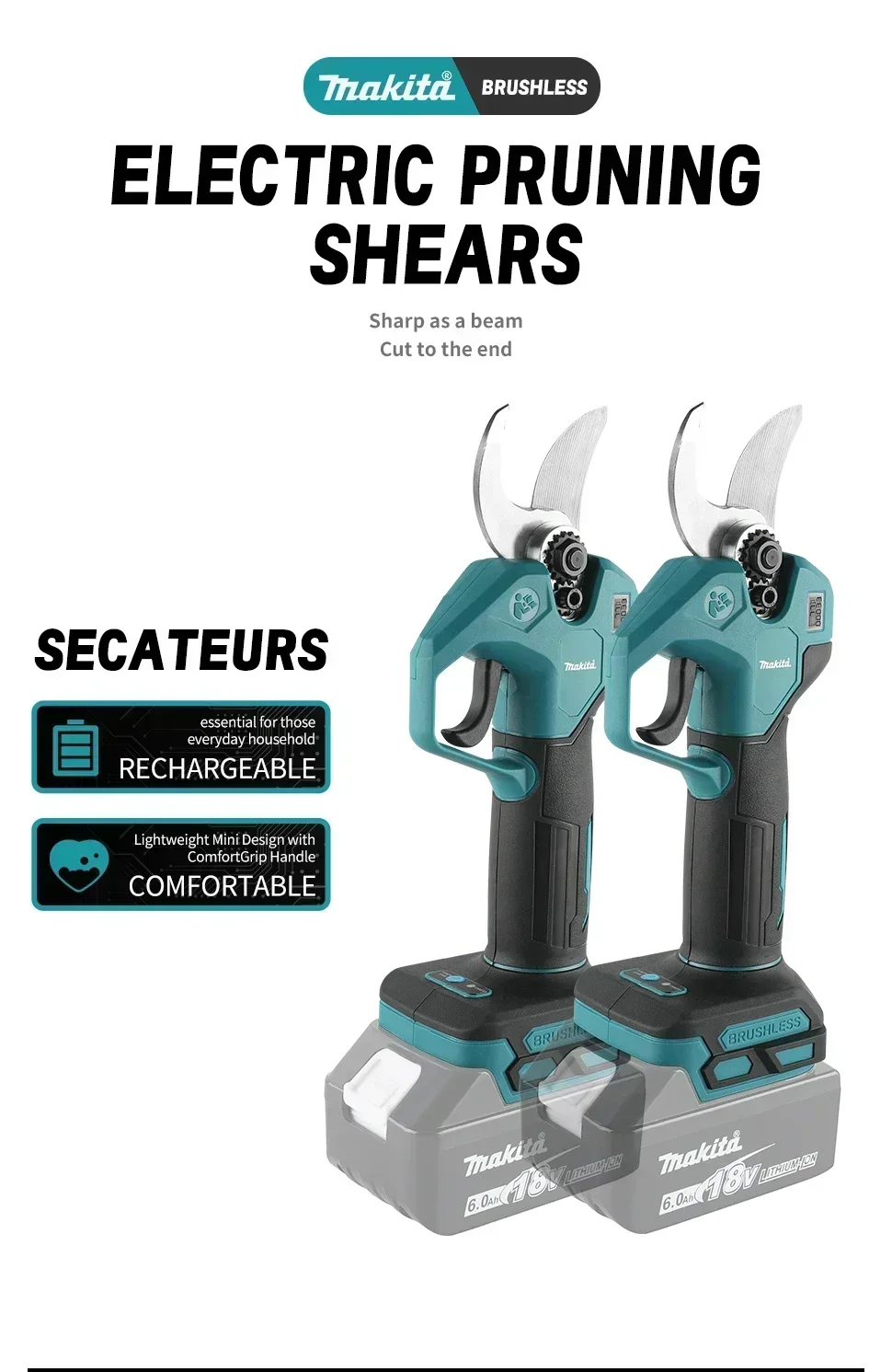 Makita tesouras de poda elétricas sem escova, ferramenta de jardim, sem fio, tesoura elétrica para árvores frutíferas, bateria de 18v, cortador de ramos