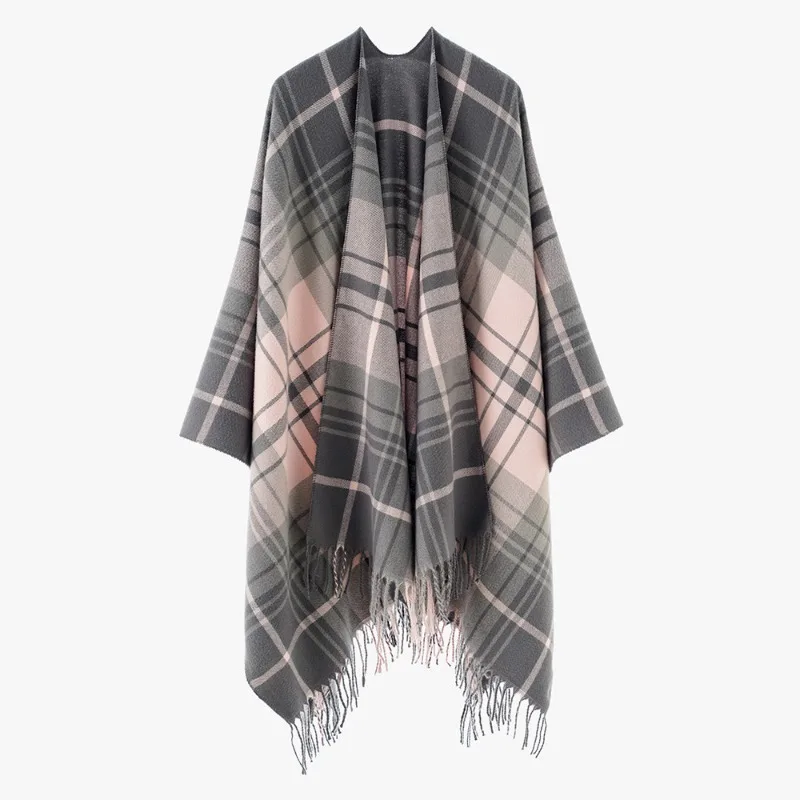 Women Classic Plaid Tassel Poncho Open Front Cape Wrap Shawl Thick Faux Cashmere For Autumn Winter European American Style