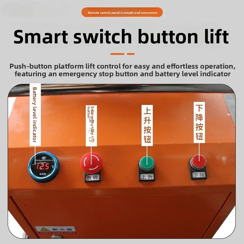 Plataforma eletro-hidráulica de elevação, tesoura, garfo, plataforma, carro, bateria móvel, empilhamento, carro, carregamento manual e descarga