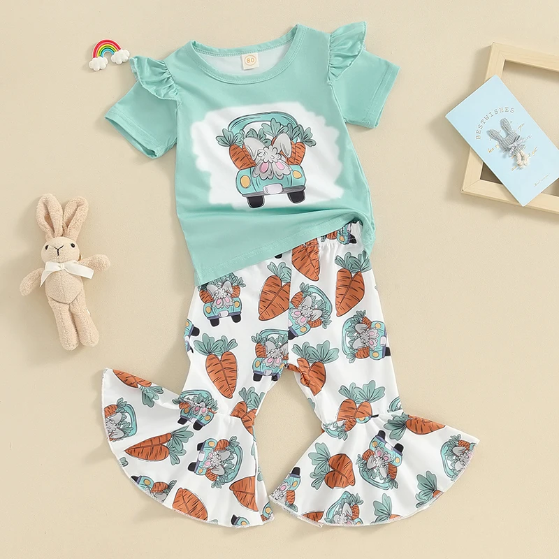 Hnyenmcko Toddler Baby Girl Easter Outfits Short Sleeve Letter Print T-Shirt Bunny Flared Pant Sets Summer Clothes Set