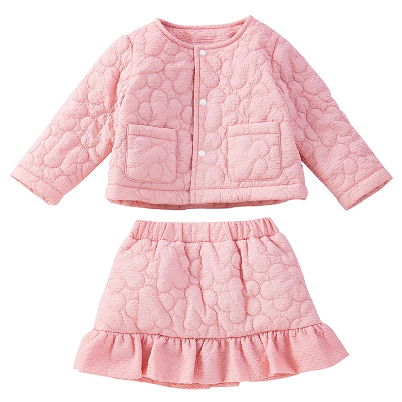 2Piece Sets 2024 Autumn Winter Baby Girl Clothes Korean Fashion Cute Pink Flowers Warm Coat+Skirt Toddler Boutique Outfits BC018