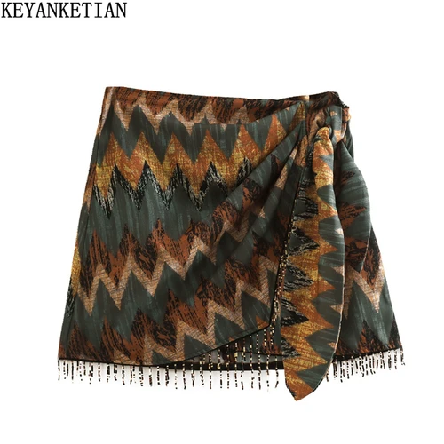 KEANKETIAN-minifalda Vintage con estampado geométrico, pareo anudado con flecos y cuentas, pantalón corto informal con cremallera para Mujer