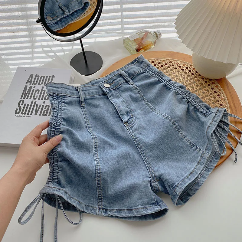 Celana pendek Denim wanita Korea, celana pendek Denim wanita Korea, celana jins pendek ramping ketat, tali serut kaki lebar, celana pendek pinggang tinggi, musim panas