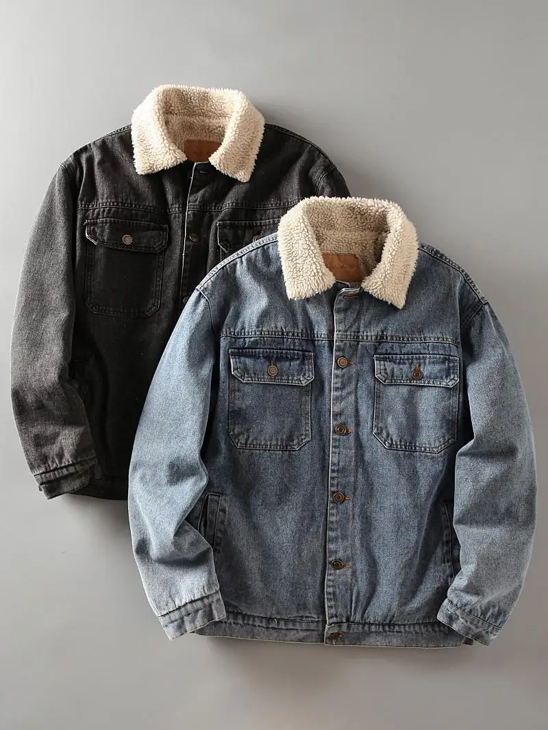 

Waed Denim Fce Lined Thiened Casual Collar Men's Cotton Jaet Winter New Sle Retro American Sle Youth Faion