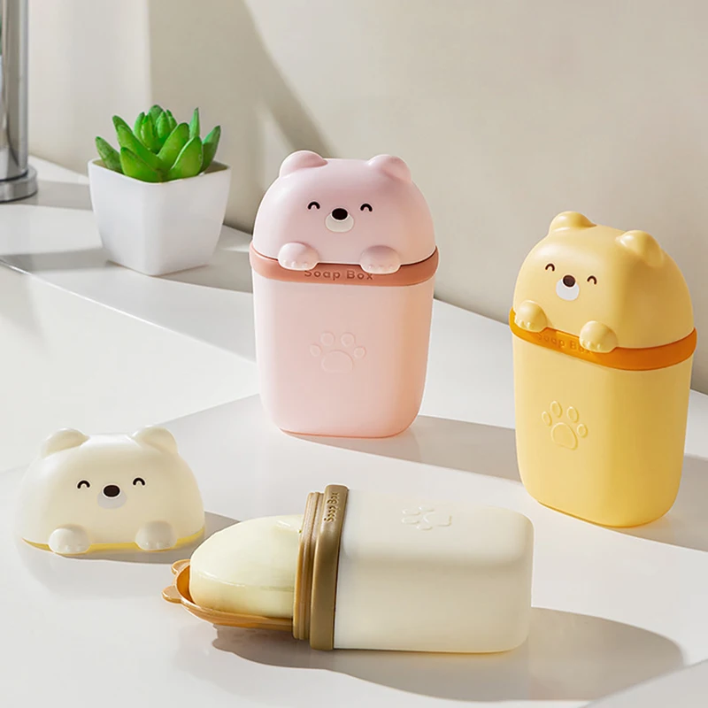 Cartoon Bear Portable Soap Dish Sealed Storage Box Waterproof Travel Home Bathroom Soap Box Camping Portable Storage Soap Box