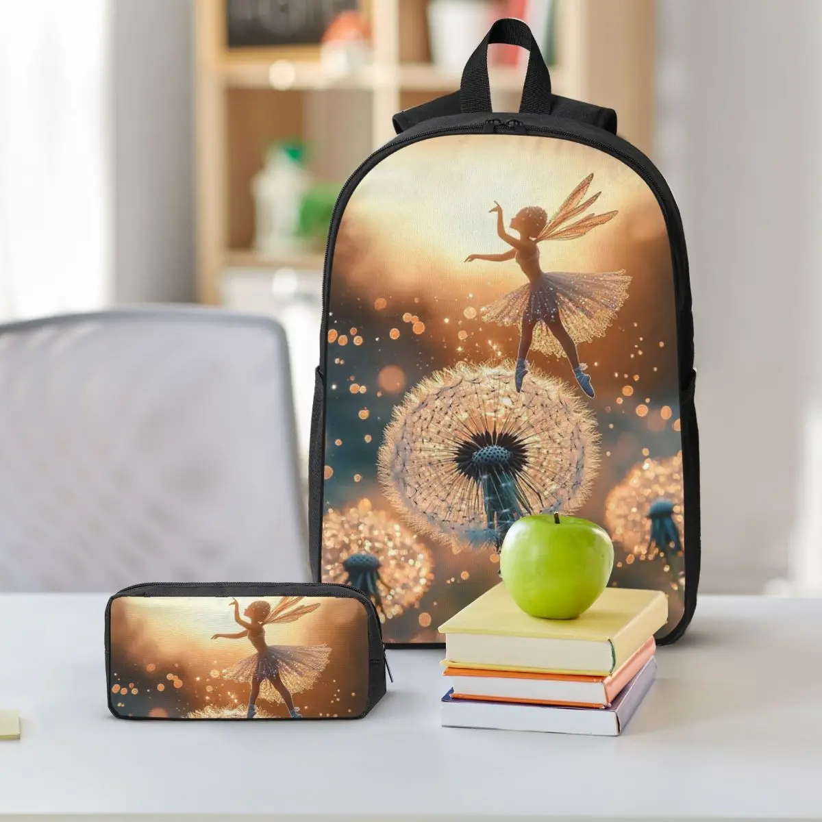 Dandelion Flower Watercolor Elf Girl Backpack Boys Girls BookBag School Bag Shoulder Bags 3ps Insulated Lunch Bag Pencil Case