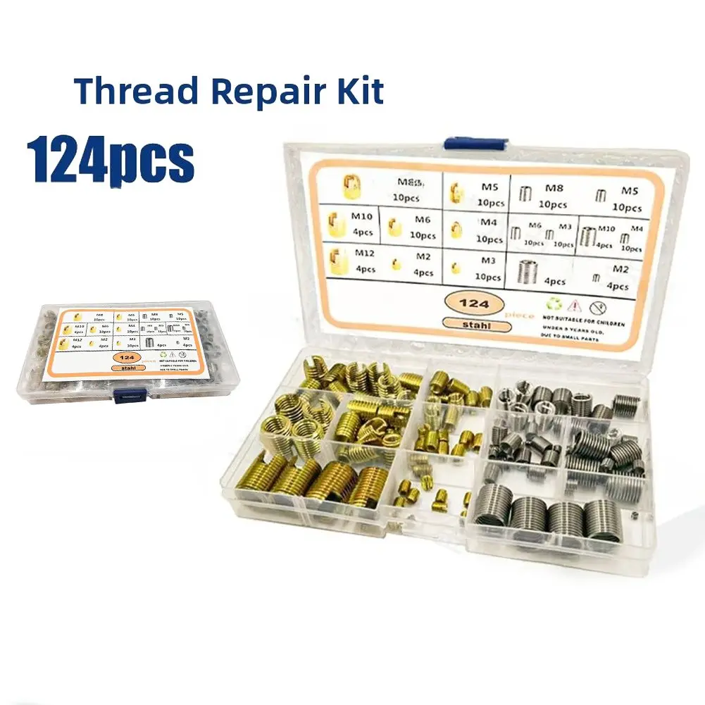 

124pcs/box Thread Repair Kit Insert Set Self Tapping Thread Slotted Inserts Set Metal Helicoil Wire Threaded Repair Insert Kit