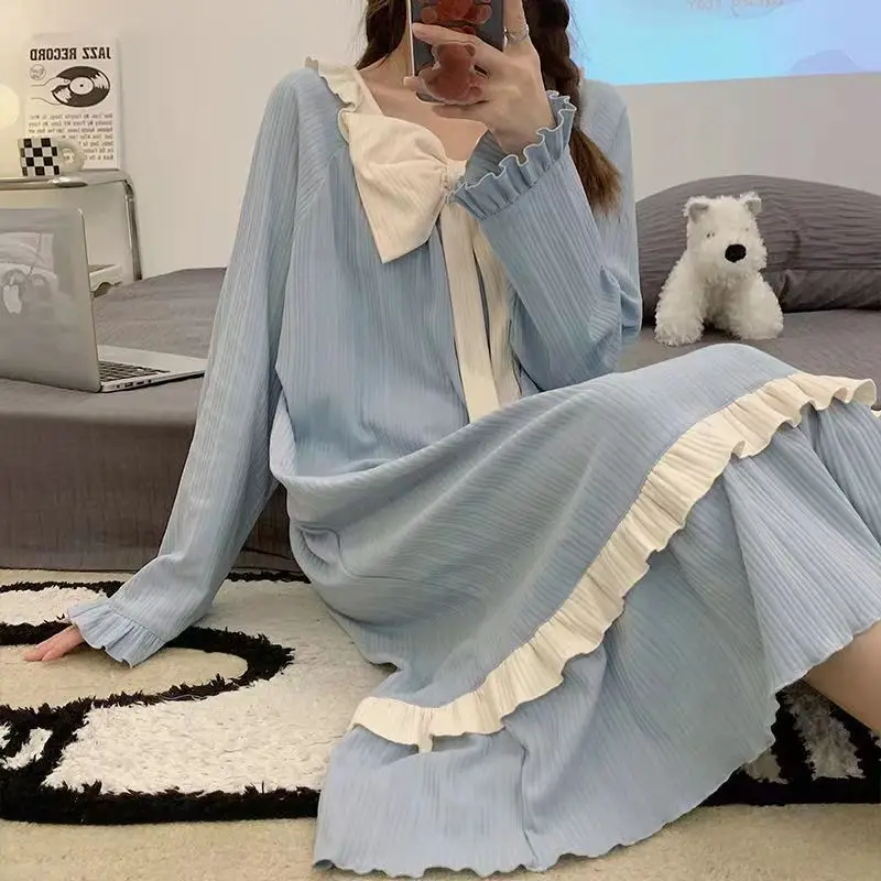 Neues Nachthemd für Teenager-Mädchen, Frühling/Herbst, mit Schleife, Langarm, Damen-Langkleid, Weiches, Bequemes Loungewear für Frauen